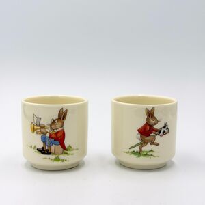 2 Royal Doulton Bunnykins Naughty Mischief Egg Cups, Trumpet & Hobby Horse, Rare